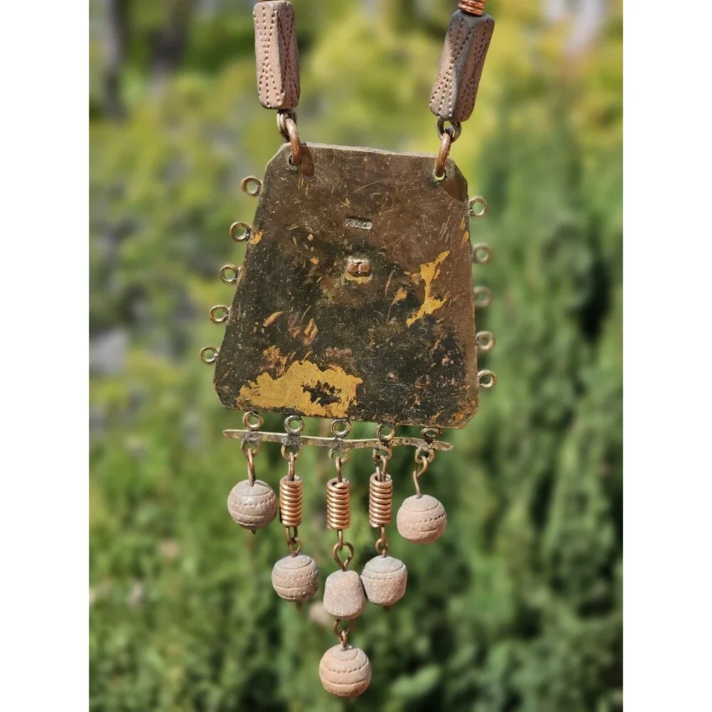 Vintage 1960s-70s Mexico Stamped Mixed Metal Necklace - Maya Ethnic Mask Pendant - Picture 11 of 12